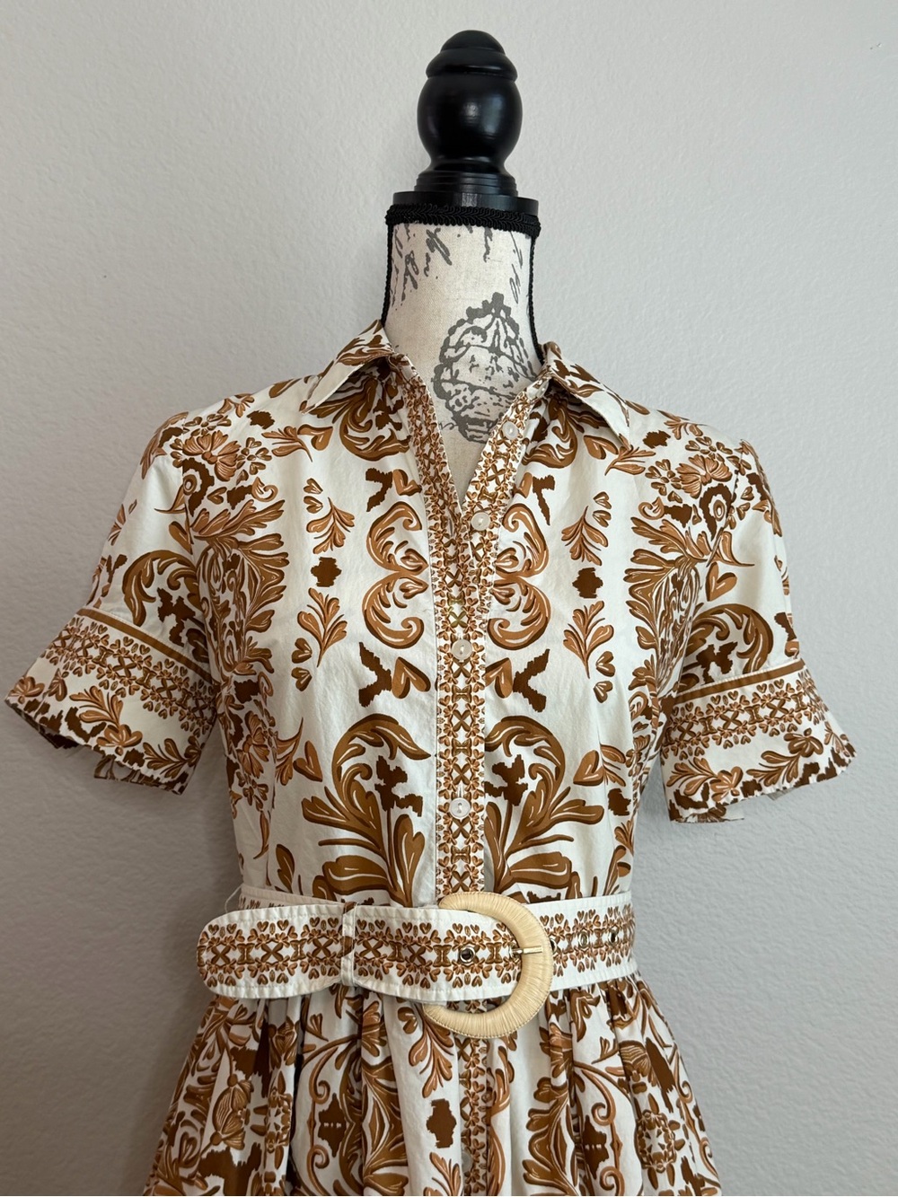 Cara Cara White and Brown Printed Shirt Dress with Belt - Picture 4 of 8
